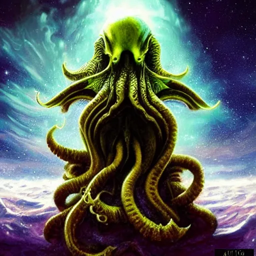 Image similar to cosmic cthulhu in space, by lovecraft, details face, detailed body, realistic body proportions, unreal engine, by popular digital artist, digital, artstation, detailed body, heavenly atmosphere, digital art, overdetailed art, trending on artstation, cgstudio, the most beautiful image ever created, dramatic, award winning artwork, beautiful scenery