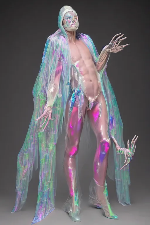 Prompt: full-body photo rococo and cyberpunk delicate neon crystalline sculpture of ((muscular slender albino Italian Prince)) (((con la piroca dura))) as a dark iridescent humanoid deity wearing a thin see-through ((plastic hooded cloak)) sim roupa (holding a human skull), reclining con (((las piernas abiertas))), glowing pink face, crown of (white lasers), large diamonds, swirling black silk fabric. futuristic elements. oozing glowing liquid, full-length view. space robots. intricate artwork by caravaggio. Trending on artstation, octane render, cinematic lighting from the right, hyper realism, photo realistic, octane render, 8k, depth of field, 3D