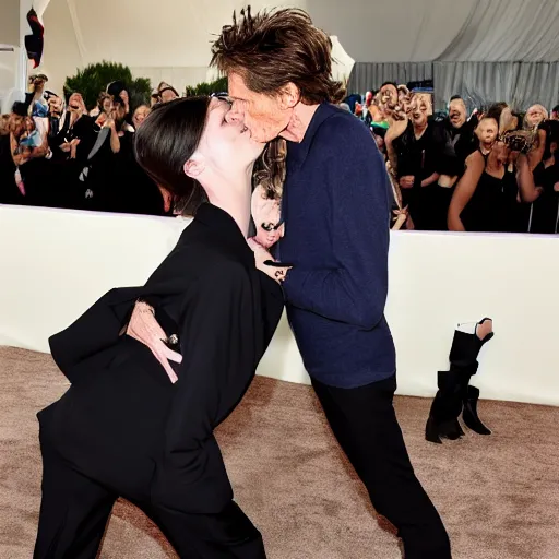 Image similar to willem dafoe kissing billie eilish in a bed