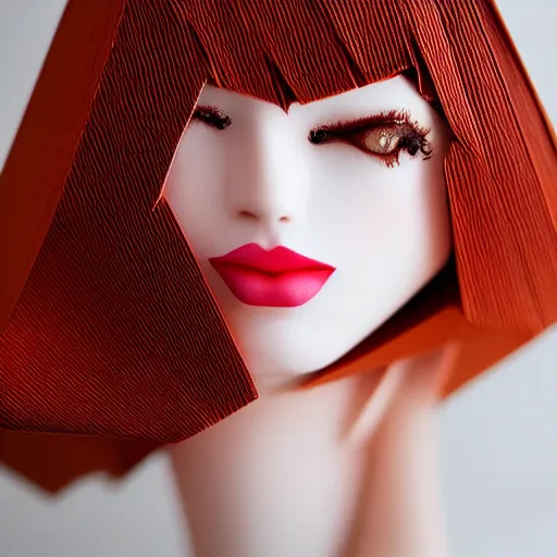 Prompt: beautiful redhead woman, origami, closeup