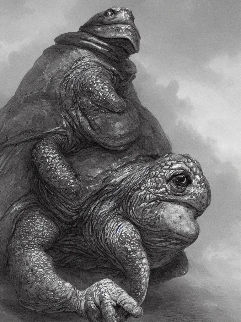 Prompt: Mitch McConnell painted as an anthropomorphic turtle by greg rutkowski and by Gustave Dore