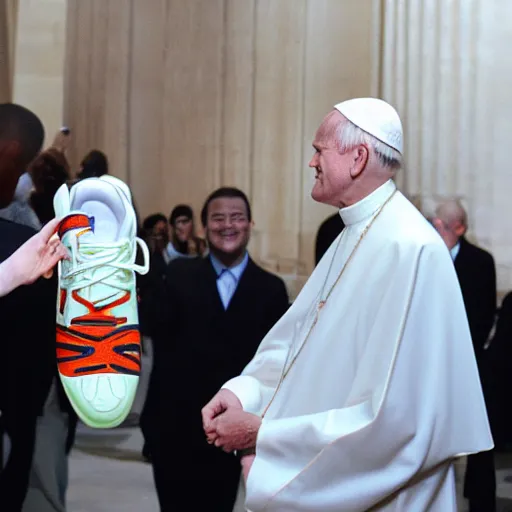 Prompt: john paul ii admiring a yeezy foam runner sneaker in his hands