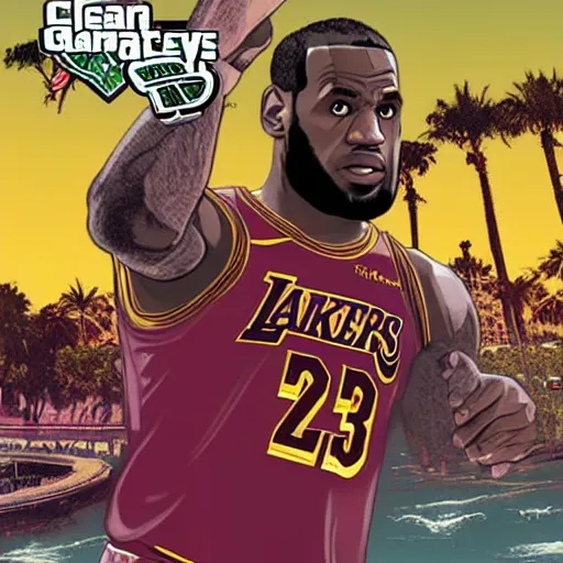 Image similar to lebron james in gta v cover art, art by stephen bliss, matte painting sharp focus