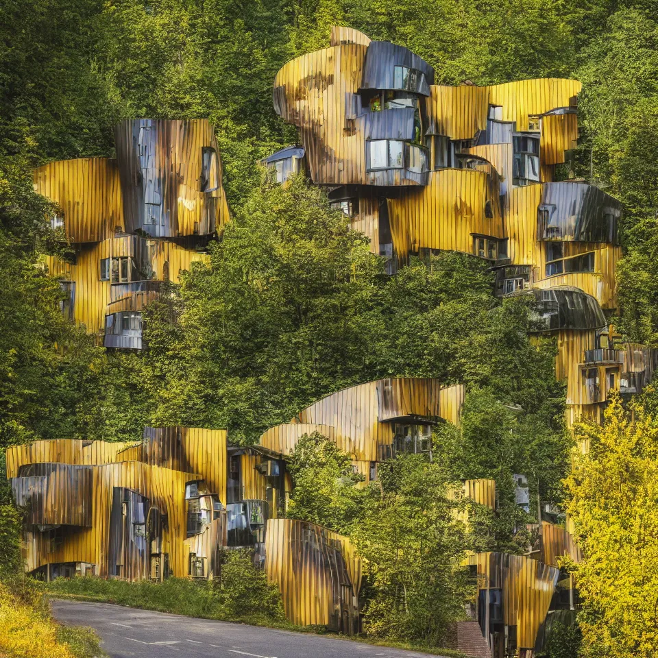 Image similar to a tiny flat horizontal house in the black forest, designed by Frank Gehry. Big tiles. Small wooden pathway . Film grain, cinematic, yellow hue