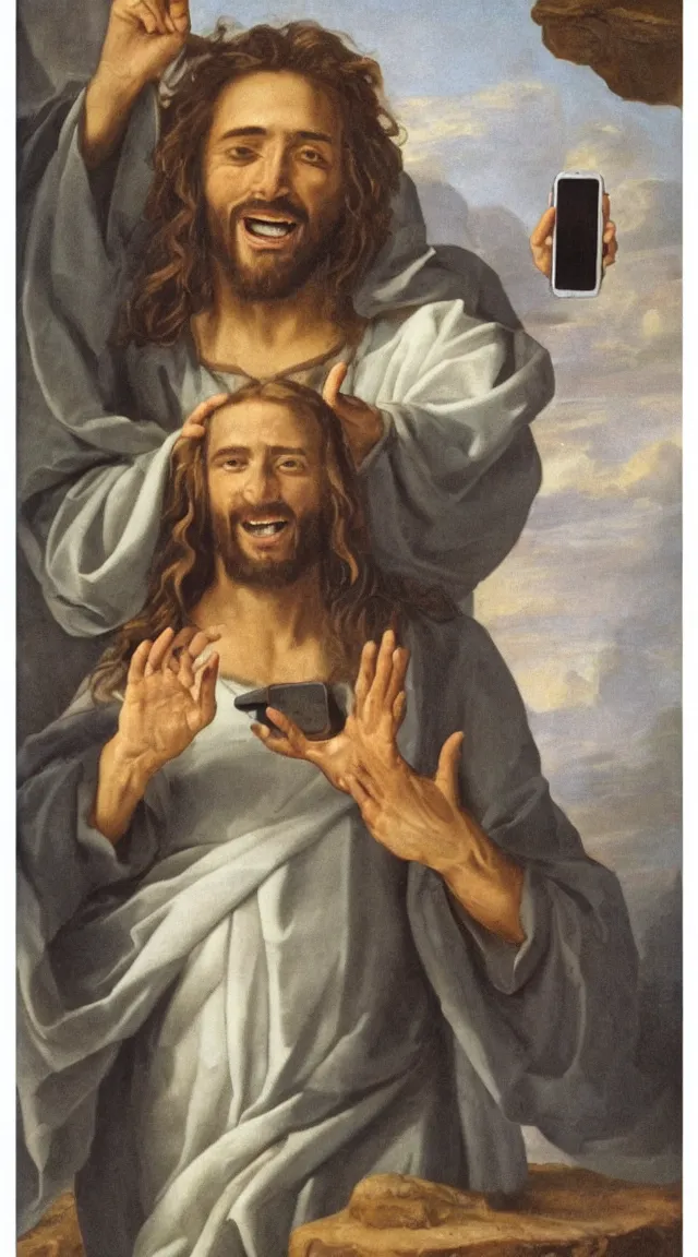 Image similar to portrait of one Jesus laughin because see a meme in him cellphone, no letters, one person