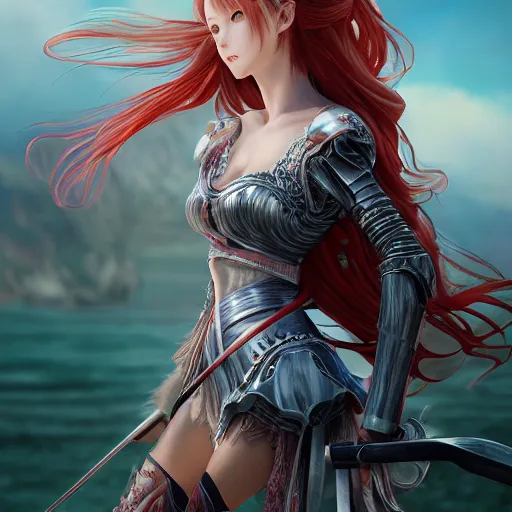 Image similar to a long - red - haired female knight as an absurdly beautiful, elegant, young sensual anime girl, river in background, ultrafine hyperrealistic detailed face illustration by kim jung gi, irakli nadar, intricate linework, sharp focus, bright colors, matte, final fantasy, unreal engine highly rendered, global illumination, radiant light, intricate environment