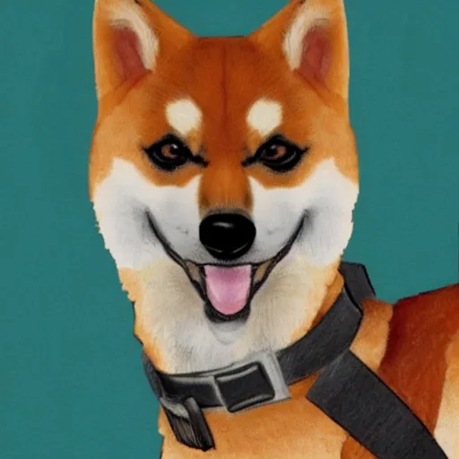 Image similar to A drawing of a Shiba Inu dog wearing a soldier's helmet, realistic, color