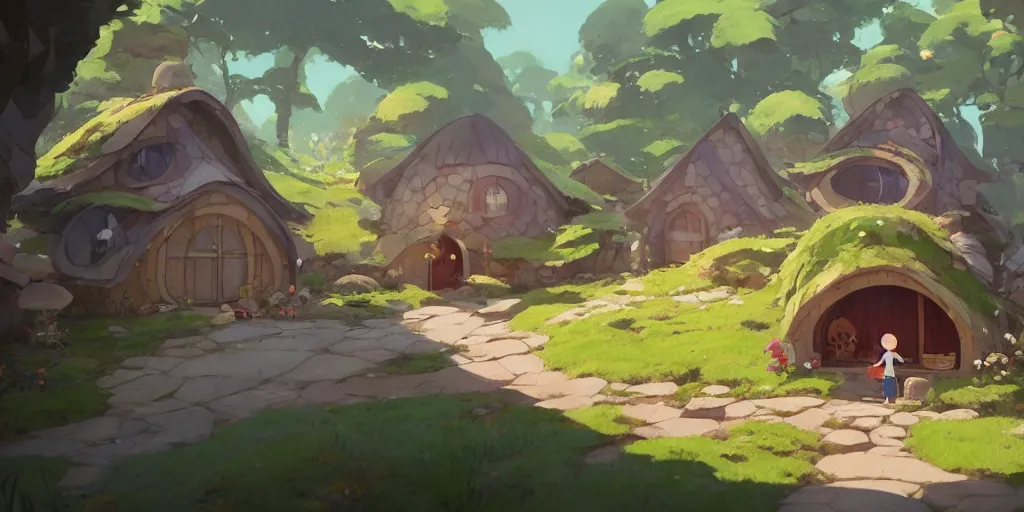 Image similar to small hobbit mushroom houses by cory loftis & akihiko yoshida & james gilleard & atey ghailan & makoto shinkai & goro fujita & studio ghibli, rim light, exquisite lighting, clear focus, very coherent, plain background, soft painting, photorealistic, unreal engine 5, 4 k