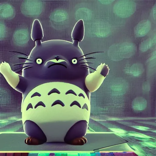 Image similar to Manga cover portrait of an extremely cute and adorable beautiful Totoro playing Dance Dance Revolution, 3d render diorama by Hayao Miyazaki, official Studio Ghibli still, color graflex macro photograph, Pixiv, DAZ Studio 3D