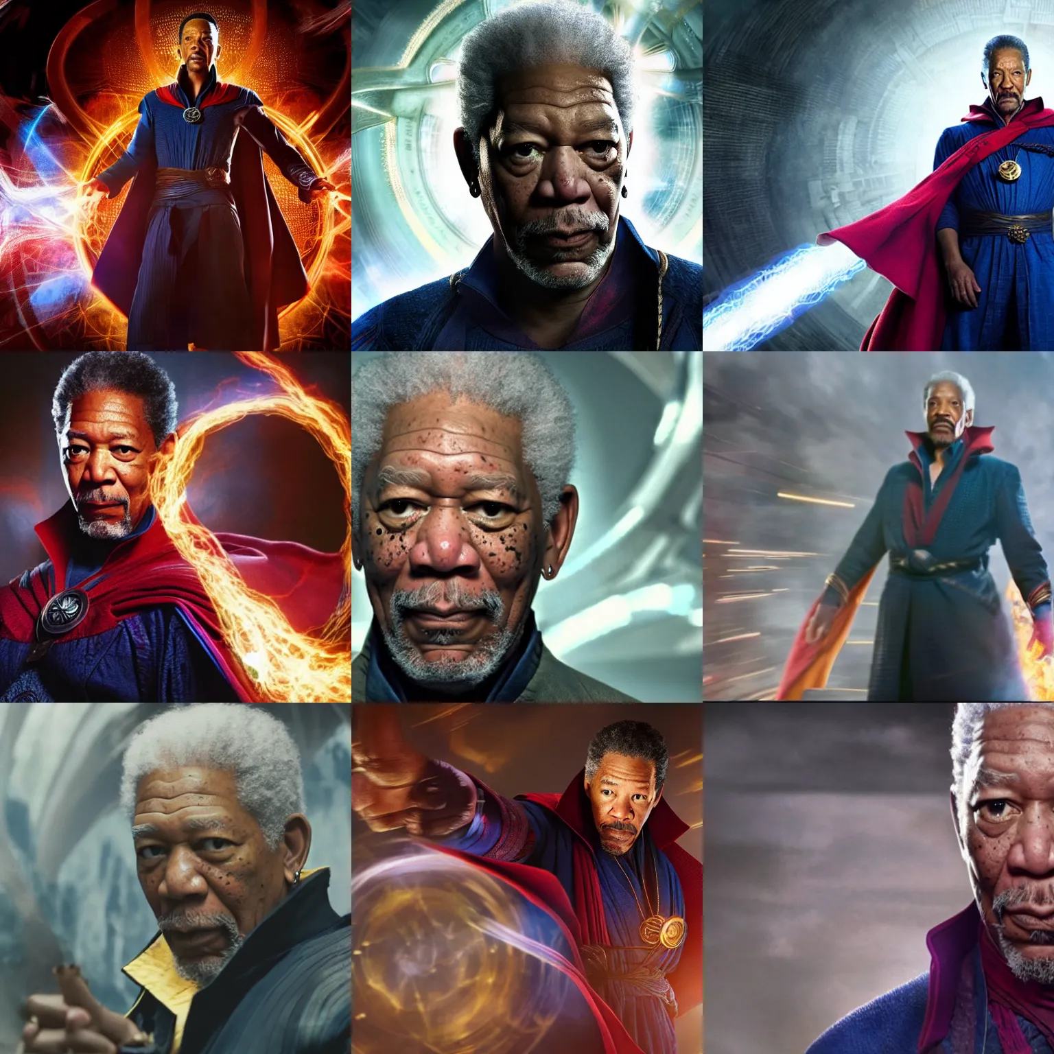 Prompt: a screenshot of morgan freeman as dr. strange in the avengers. 4 k