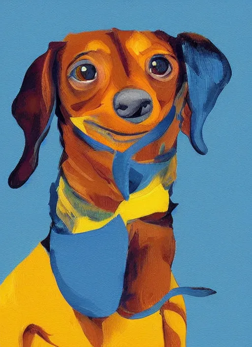 Image similar to a painting of a dachshund face with blue and yellow smoke coming out of, a digital painting by petros afshar, behance contest winner, digital art, behance hd, digital illustration, digital painting