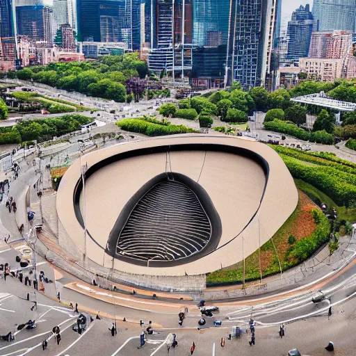 Prompt: a giant 1 0 0 meter bean in the middle of a city