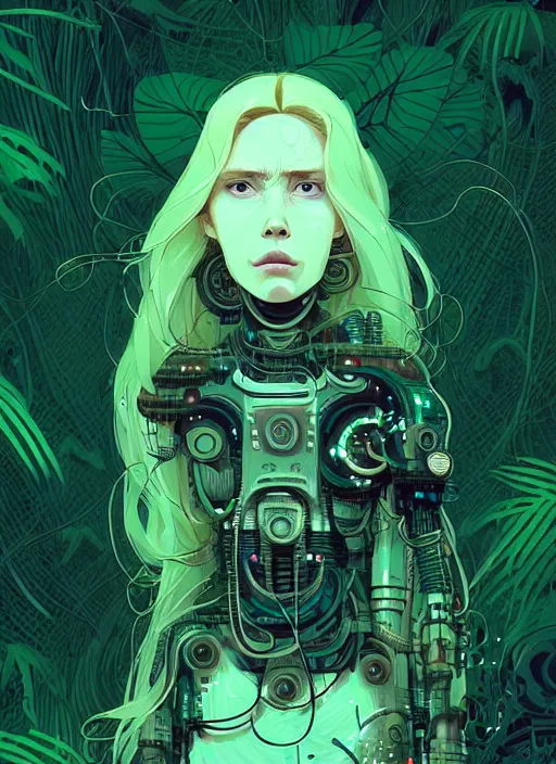 Image similar to highly detailed portrait of a biopunk cyborg long wavy blonde hair tribal lady, stray wiring by atey ghailan, james gilleard, by joe fenton, by greg rutkowski, by greg tocchini, by kaethe butcher, 4 k resolution, gradient green, black and white color scheme!!! ( ( forested robotic dense jungle background ) )