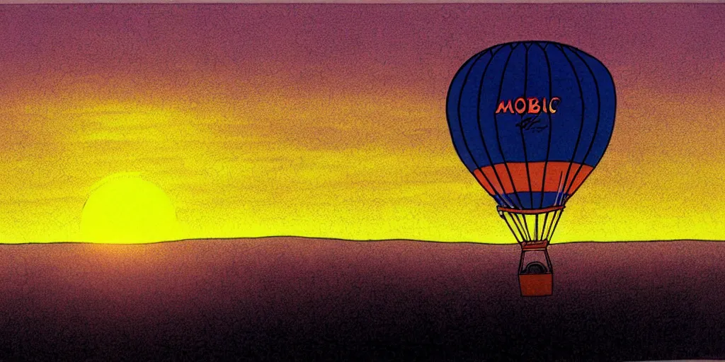 Image similar to hot air balloon, sunset, cartoon by moebius