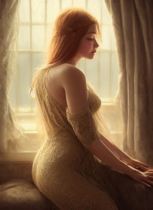 Prompt: young woman beautiful face : : sleeping lace dress : : night home bed : : weta disney pixar movie still photo : : decadent highly - detailed digital painting, full length shot, golden ratio, octane render, artstation, smooth, sharp focus, artgerm, mucha, loish, wlop, gogo