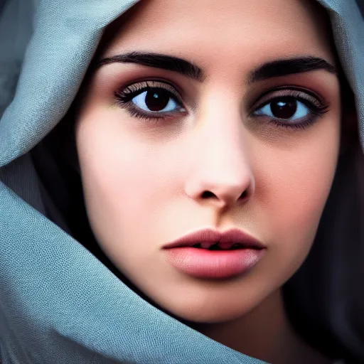 Prompt: beautiful female angel, Iranian, asymmetrical face, ethereal volumetric light, sharp focus