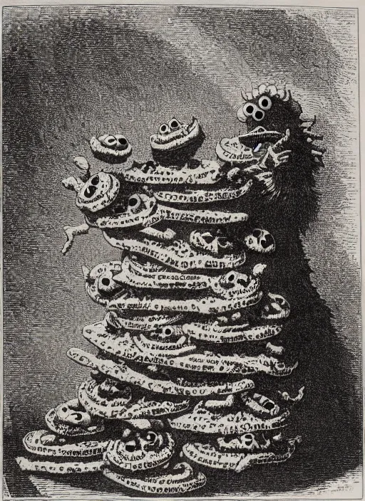 Image similar to cookie monster sits on a throne made of cookies, demon from the dictionarre infernal, etching by louis le breton, 1 8 6 9, 1 2 0 0 dpi scan, ultrasharp detail, clean scan