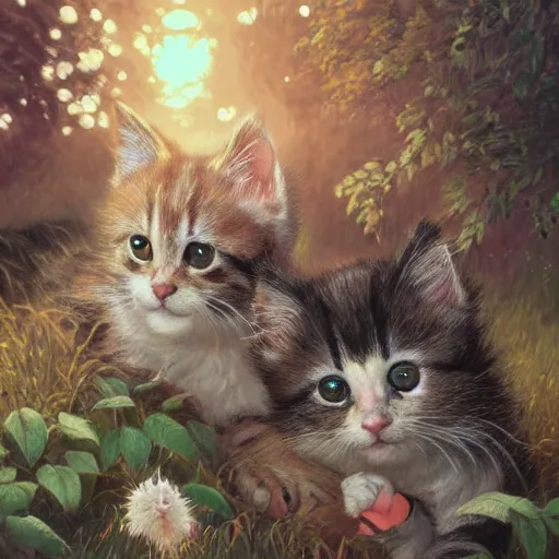 Image similar to clear portrait of kittens, adorable appearance!!!, golden hour, happy apearance, cottagecore!!, background hyper detailed, character concept, full body, dynamic pose, intricate, elegant, highly detailed, digital painting, artstation, concept art, smooth, sharp focus, illustration, art by artgerm and greg rutkowski and alphonse mucha