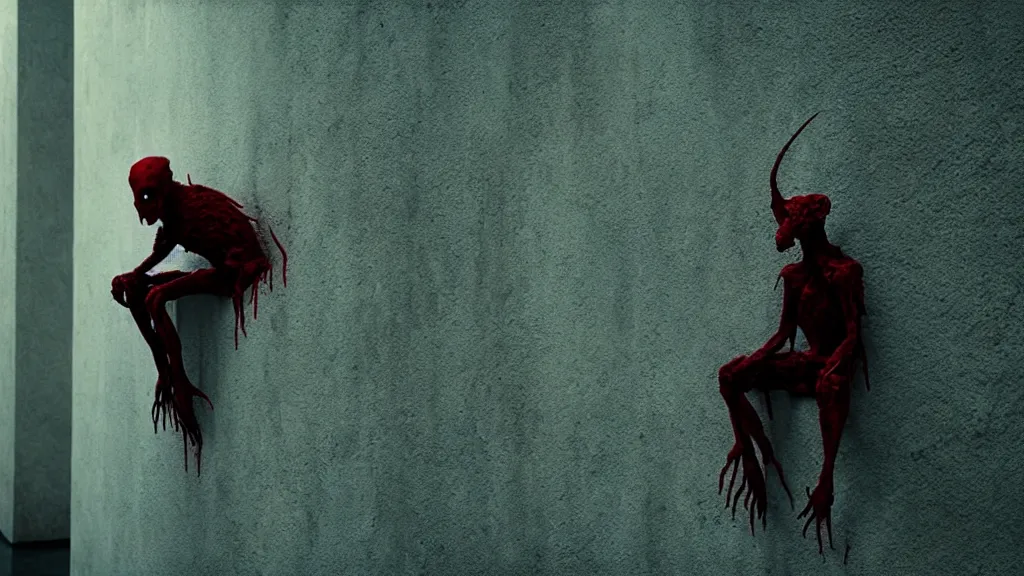 Image similar to the strange creature sits on the wall, made of blood, film still from the movie directed by Denis Villeneuve with art direction by Salvador Dalí, wide lens