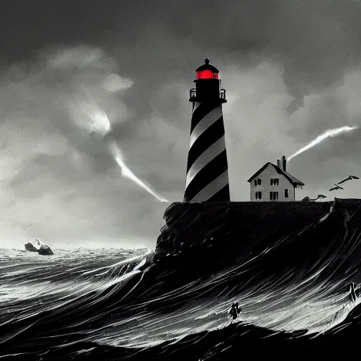 Image similar to lighthouse, ocean, two loons, crashing waves, light, black and white, tattoo art, dramatic lighting, illustration by Greg rutkowski, yoji shinkawa, 4k, digital art, concept art, trending on artstation