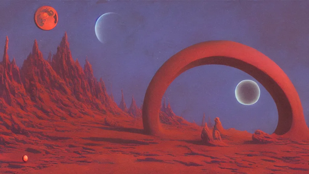 Image similar to mysterious sculpture of an alien crescent moon by paul lehr and john schoenherr, cinematic matte painting