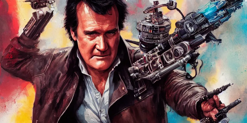 Image similar to bruce campbell as han solo portrait, colorful, contrast, kim jung gi, greg rutkowski, zabrocki, karlkka, jayison devadas, trending on artstation, 8 k, ultra wide angle, zenith view, pincushion lens effect