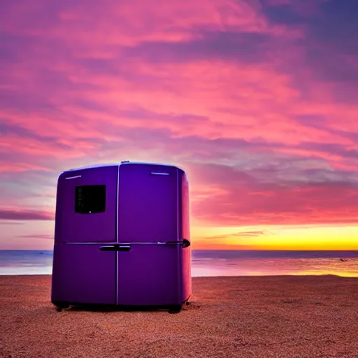 Prompt: purple refrigerator on red beach with nebula sunset