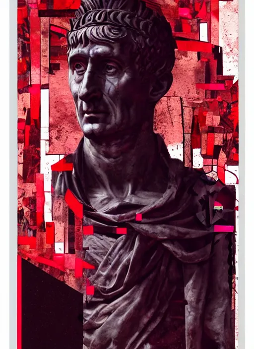 Image similar to design poster showing a statue of julius caesar, black background with very subtle red and purple design elements, powerful, nekro, guido crepax, graphic design, collage art, thin lines, dark, glitch art, neo vaporwave, gritty, layout frame, square, trending on artstation