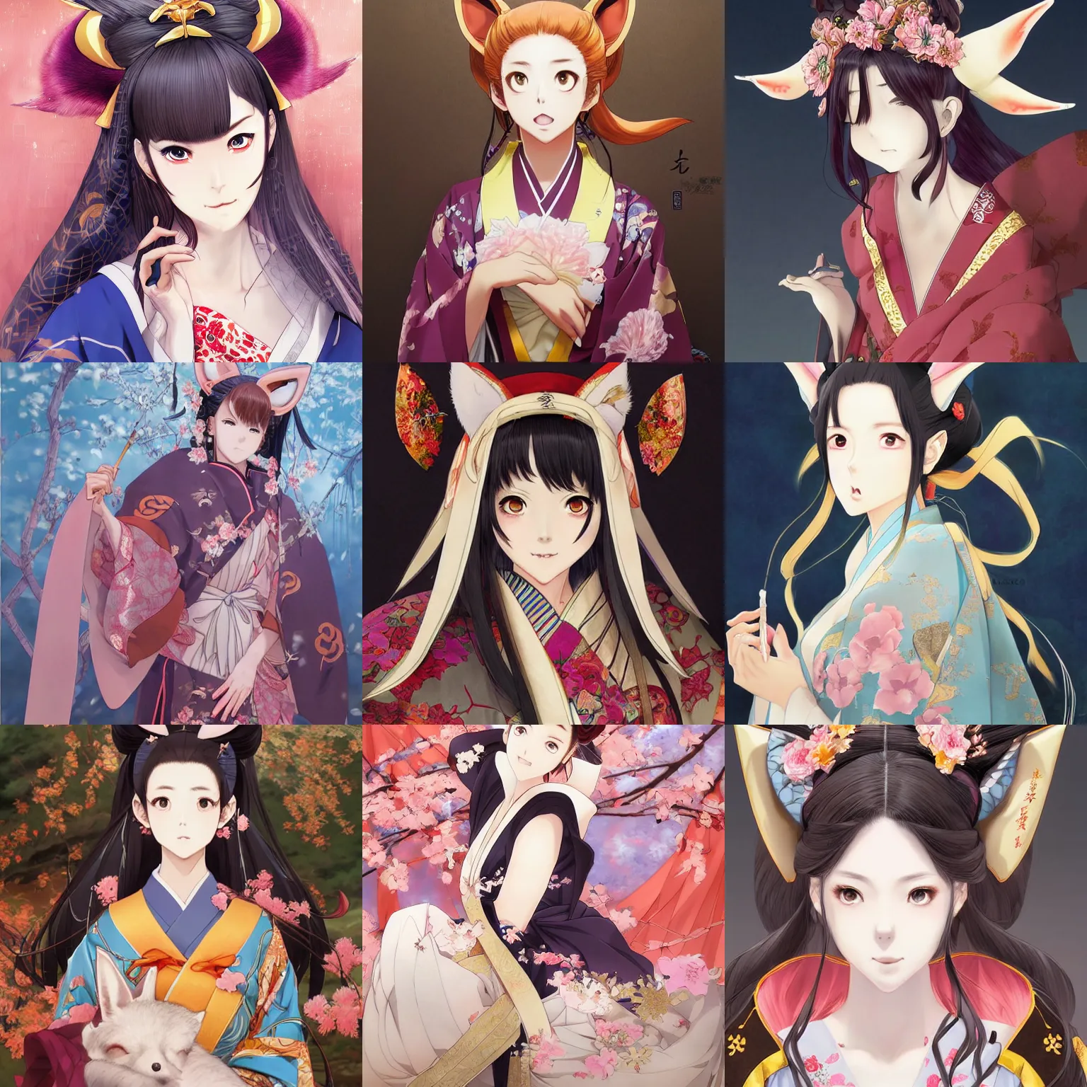 Prompt: An anime portrait of a beautiful Japanese noblewoman with fox ears wearing a silk kimono, by a professional manga illustrator, Stanley Artgerm Lau, WLOP, Rossdraws, James Jean, Andrei Riabovitchev, Marc Simonetti, and Sakimichan, tranding on artstation