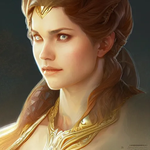 Image similar to portrait of a female paladin, D&D, fantasy, highly detailed, digital painting, artstation, smooth, sharp focus, illustration, art by artgerm and greg rutkowski and alphonse mucha