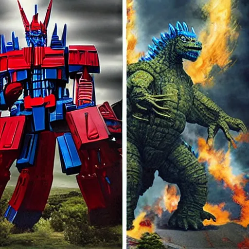 Image similar to Optimus Prime vs Godzilla