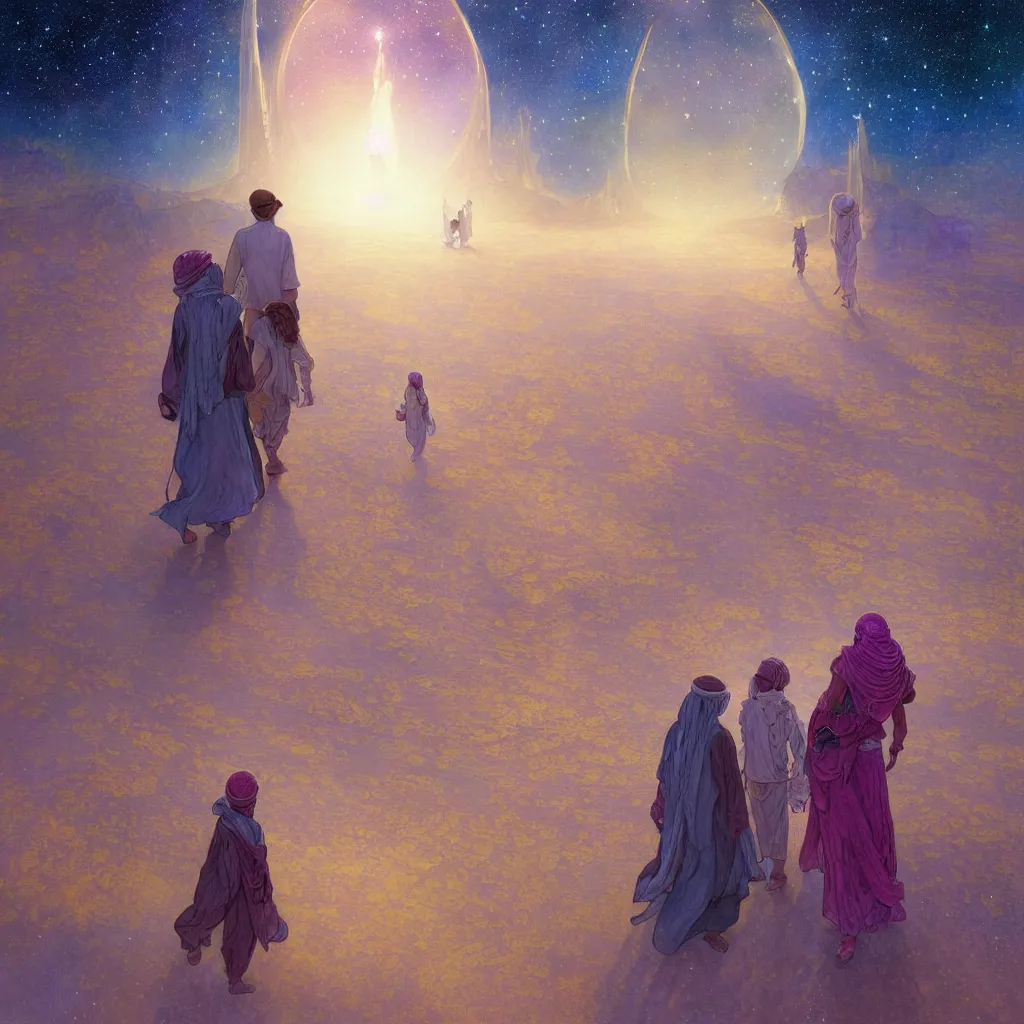 Image similar to bedouin man and woman and child in galaxy walking towards mosque surrounded by nebula, highly detailed, gold filigree, romantic storybook fantasy, soft cinematic lighting, award, disney concept art watercolor illustration by mandy jurgens and alphonse mucha and alena aenami, pastel color palette, featured on artstation