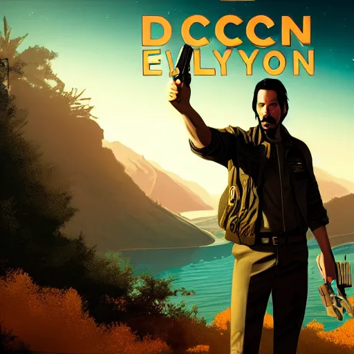 Image similar to keanu reevez in the role of main character from disco elysium, game poster