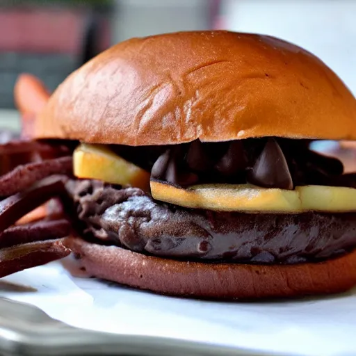 Image similar to chocolate cheeseburger with chocolate fries