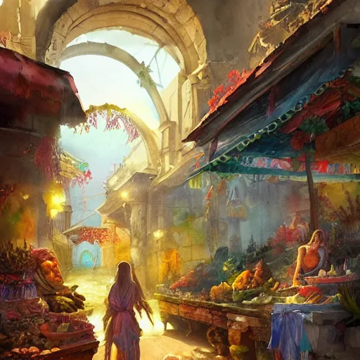 Image similar to a beautiful and vivid and colorful and chiaroscuro Grzegorz greg rutkowski watercolor painting of an ancient greek market with a yellow mermaid and fish and treasure and a bioluminescent coral garden underwater trending on artstation hq