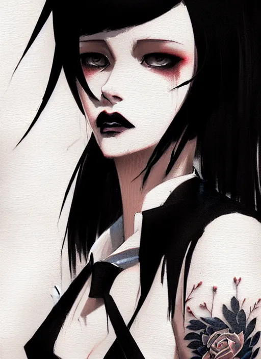 Image similar to ultradetailed beautiful panting of a stylish goth woman wearing a shirt with a tie, tattoos, she has black hair, distressed, by greg rutkowski, ashley wood, makoto shinkai, ilya kuvshinov, on artstation