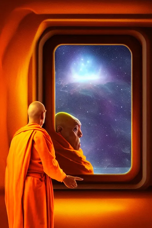 Image similar to portrait of a monk in a spaceship, window, nebula, orange robe, dramatic lighting, artstation, matte painting, ralph mcquarrie