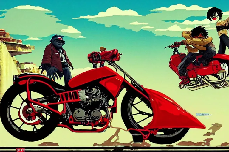 Image similar to pizza the hut, akira's motorcycle, gorillaz, poster, high quality