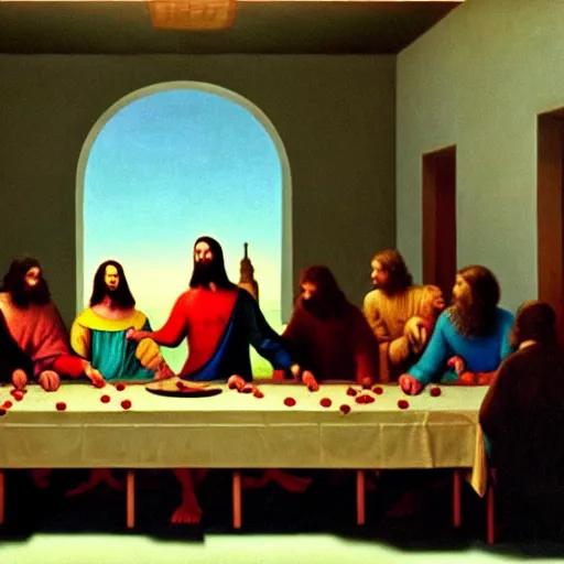 Image similar to a still from a film about modern day people re-enacting the last supper with psychedelics instead of food. Directed by Stanley Kubrick and Wes Anderson, Art directed by Edward Hopper.