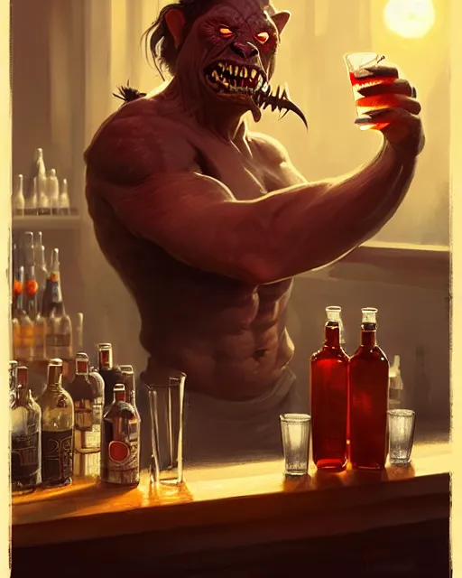 Image similar to orc bartender serving drinks | | realistic shaded, fine details, fine - face, pretty face, realistic shaded lighting poster by greg rutkowski, magali villeneuve, artgerm, jeremy lipkin and michael garmash and rob rey