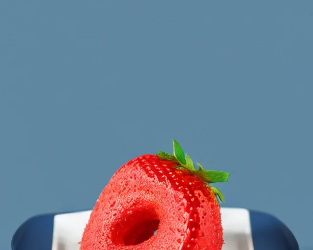 Prompt: 3d render of a strawberry donut on a plate, blue colored room, brick walls, blender, realistic