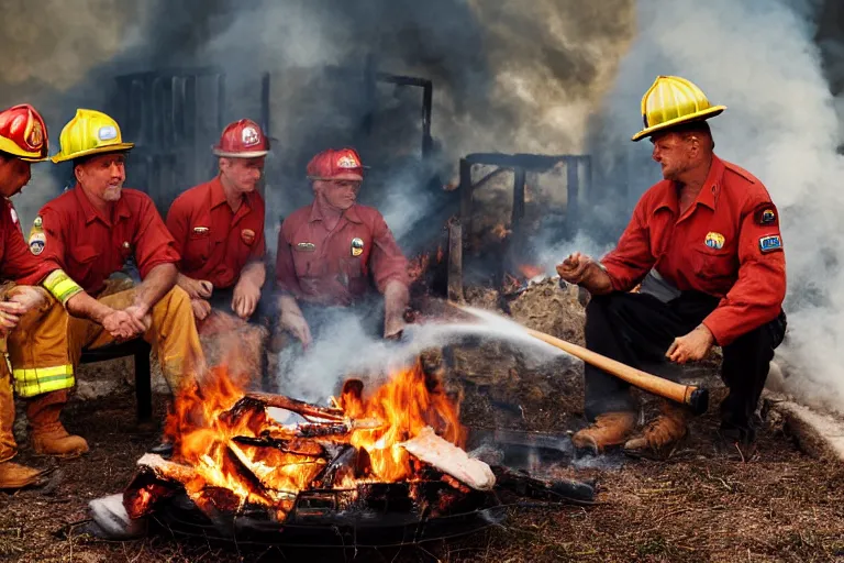 Image similar to closeup potrait firefighters having a barbecue in front of a house fire, natural light, sharp, detailed face, magazine, press, photo, Steve McCurry, David Lazar, Canon, Nikon, focus