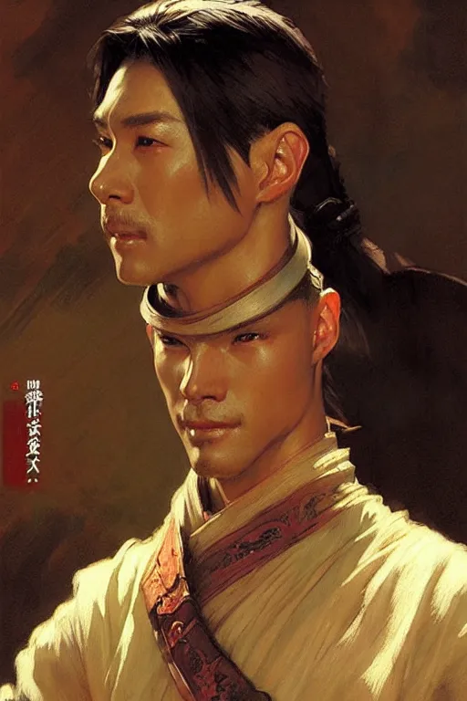 Prompt: wuxia, attractive male, character design, painting by gaston bussiere, craig mullins, j. c. leyendecker