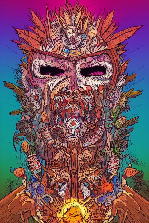 Image similar to animal mask totem roots flower tribal feather gemstone plant wood rock shaman vodoo video game vector cutout illustration vivid multicolor borderlands comics by josan gonzales and dan mumford radiating a glowing aura