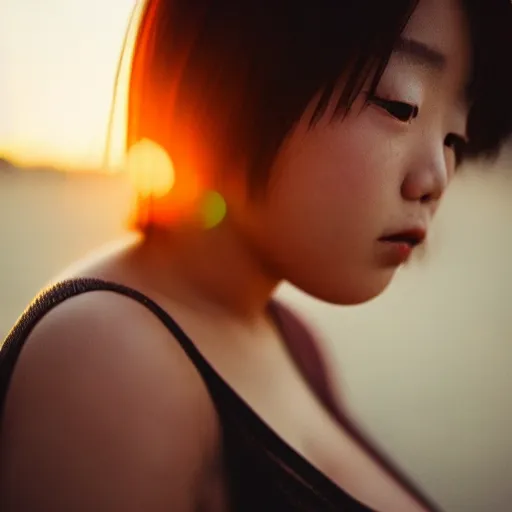 Image similar to beautiful gorgeous curvy Japanese edgy model girl with short hair, she's sad, sunset, 80mm lens, 1.2 aperture, grainy image, close up