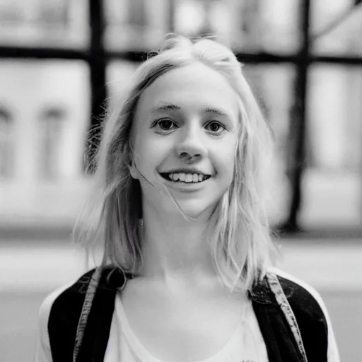 Prompt: Portrait photograph of a Strawberry-Blonde Girl, Young Beautiful Face, Green Eyes, Freckles, Wearing a white crop-top and jeans, with a subtle smile, Humans of New York Style, Leica Camera 50mm lens, street photography, aesthetic canon of proportions, grainy film photo