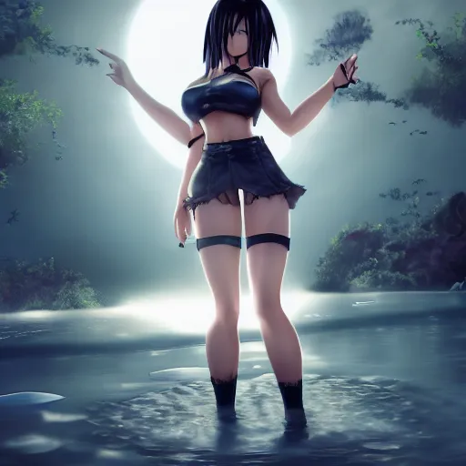 Image similar to tifa lockheart, sacred tattoos, playing in a lagoon, magical moon shines overhead, cinematic shot in the style of anime, cinematic lighting, hyperdetailed, 8 k realistic, symmetrical, global illumination, mysterious light, cryengine 5, dof, trending on artstation, trending on deviant art, digital art, chanel