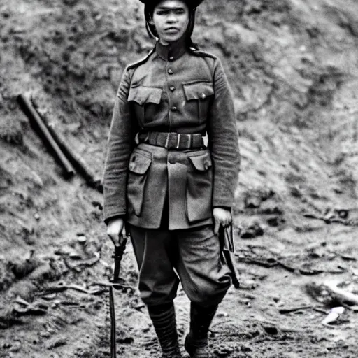 Prompt: Zendaya as a soldier, ww1 trench, war photo, film grain