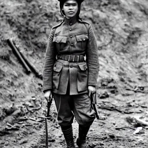 Image similar to Zendaya as a soldier, ww1 trench, war photo, film grain