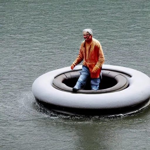 Image similar to man riding a levitating hovercraft